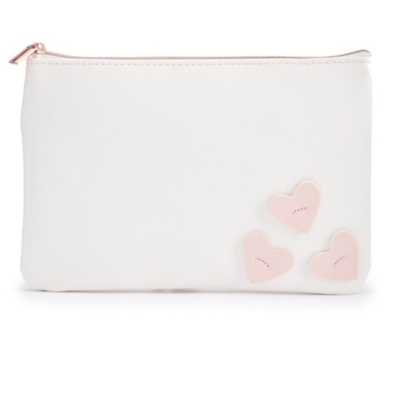 LC Lauren Conrad heart embellished cosmetic bag cream with pink hearts - Picture 7 of 9